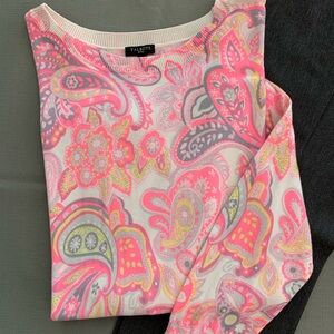 Talbots 3/4 sleeve light weight pink & gray paisley print sweater.